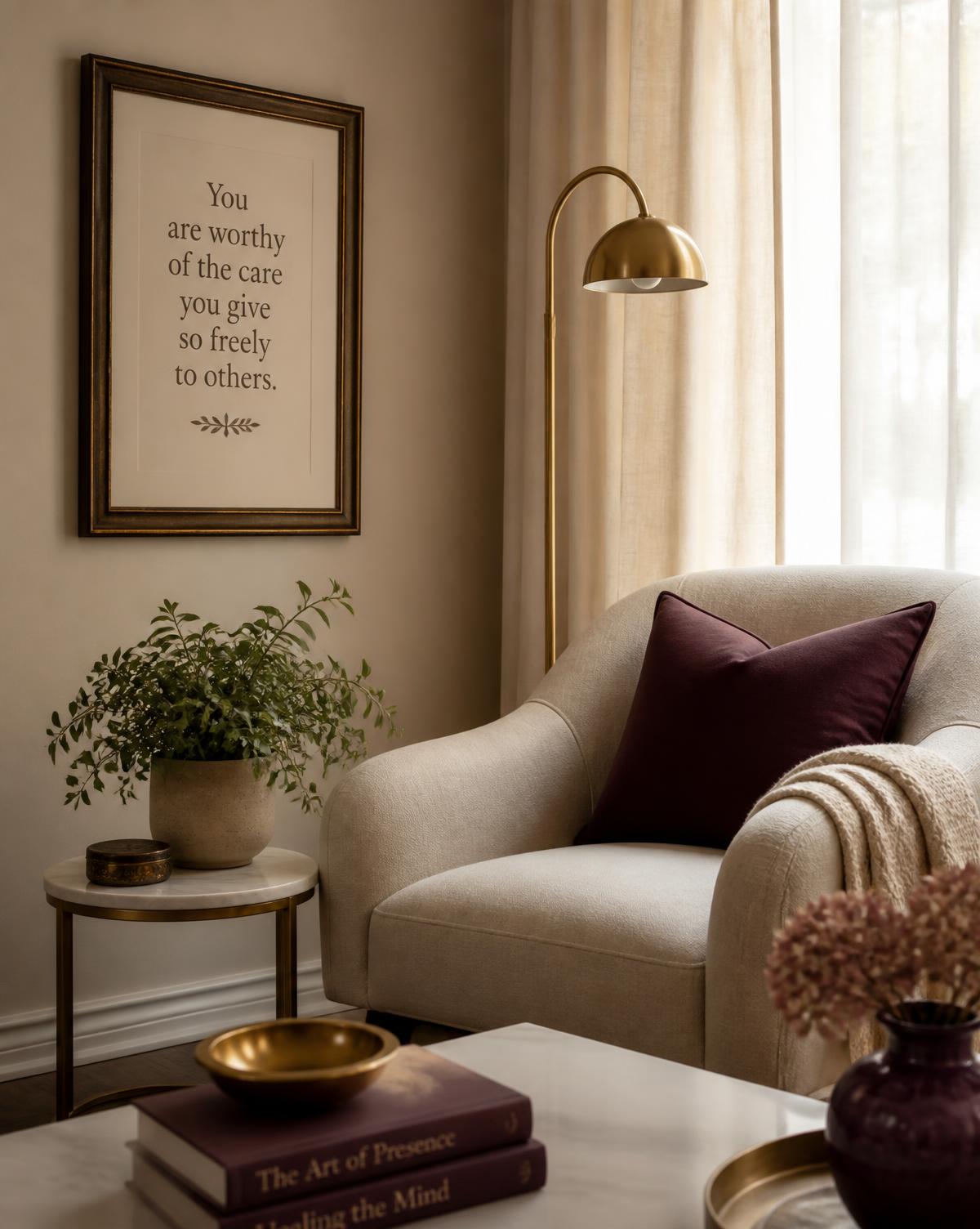 A quiet counseling room with a soft cream armchair, warm light, and a small sage plant